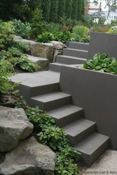 the steps are made out of concrete and have plants growing on each step in between them