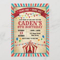 an old circus birthday party card with the words,'come one come all '