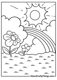 a coloring page with flowers and a rainbow