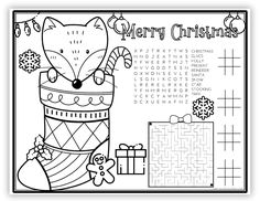 a christmas coloring page with an image of a fox in a sweater holding a present