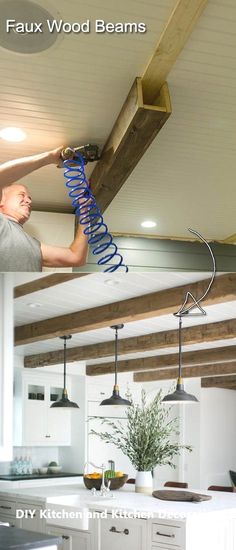 a man is working on an unfinished ceiling in his kitchen with blue springs attached to the beams