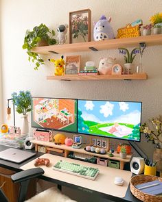 the computer desk has two monitors on it, and is next to a shelf with plants