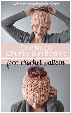 pinterest pin for the easy breezy chunky bun beanie crochet pattern by The Turtle Trunk Ponytail Hat Pattern, Crochet Headwear, Messy Bun Hat Pattern, Ponytail Hat Crochet, Crochet Beanie Pattern Free