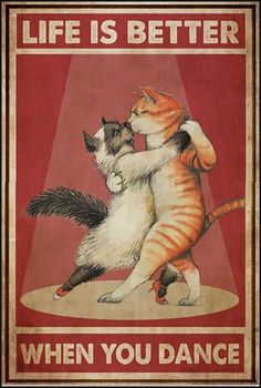 a poster with an image of two cats on it and the words life is better when you dance