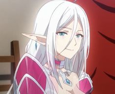 an anime character with white hair and blue eyes standing in front of a red background