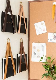 a cork board with leather straps hanging from it's sides next to a potted plant