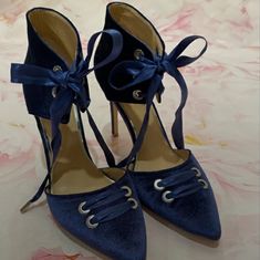 Beautiful Elegant Bagley Mischka Blue Heels. In Like New Condition. Great Condition. Blue Embellished Heels With Pointed Toe, Blue Badgley Mischka Shoes, Glamorous Blue Embellished Heels, Luxury Embellished Blue Heels, Jewel Badgley Mischka, Blue Heels, Badgley Mischka, Blue Velvet, Like New