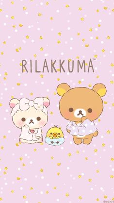 two cute little bears standing next to each other on a pink background with gold stars