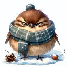 an owl is wearing a scarf and standing in the snow