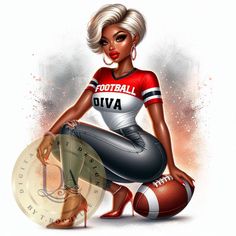 a woman sitting on top of a football ball next to a clock and an american flag