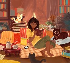 a woman sitting on a bed reading a book next to two cats and bookshelves