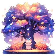 Cute Kawaii Halloween Magical Tree with Butterflies and a Cat Sticker Magical Butterflies, Magic Butterfly, Space Cat Art, Magical Tree Drawing, Cat Magic, Magic Tree Art, Arte Do Kawaii, Magic Cat, Magical Tree