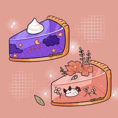 two pieces of cake with designs on them, one is pink and the other is blue