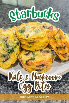 some food on a plate with the words starbucks's kale and mushroom egg bites