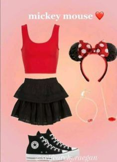 there is a red top and black skirt with minnie mouse ears