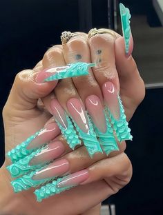 Amazing Acrylic Nails Design, Nails Emerald, Girly Acrylic, Turquoise Nails, 4 Tattoo, Nails Set