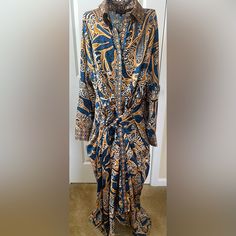 This Beautiful Blue And Gold Abstract Print Dress Is Floor Length With A Waist Tie. It Bottoms Down The Front With A Stylish Roushing Around Tummy Area. Never Worn.. Just Tried On! Cq By Cq Dress, Wedding Rehearsal Dress, Blue And Gold Dress, Anthropologie Maxi Dress, Lilly Pulitzer Maxi Dress, Green Wrap Dress, Asymmetrical Maxi Dress, Abstract Print Dress, Rehearsal Dress