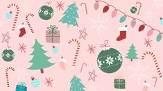 christmas ornaments and presents on a pink background with snowflakes, stockings and candy canes