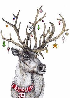 a drawing of a deer with christmas decorations on its antlers