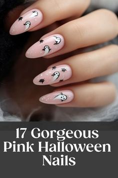 Pink Ghost Nails, Fall Nails Colors, Pink Acrylic Nail Designs, Pink Nail Ideas, Festive Nails, Cute Ghosts