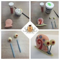 there are three pictures of snails made out of fondant and some crafting supplies