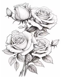 three roses with leaves on the stems and one is drawn in pencil, while the other has