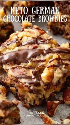 keto german chocolate brownies are stacked on top of each other and drizzled with chocolate