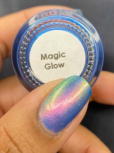 "♥ Magic Glow is one of our FAVORITES! It's a Medium Blue with a stunning red, pink, orange, yellow, green and blue shine/shimmer throughout this polish. The primary color is a medium blue with a stunning neon pink, orange, yellow, green and blu shimmer at all times and will shift throughout all the different colors listed as shown in the photos! It looks different in all different lighting situations... indoors and outdoors! GLOWS UNDER UV BLACKLIGHTS All of our polishes from the new \"Glow Pop Unicorn Nails, Oil Slick, Colorful Nail Designs, Dip Powder Nails, Nail Polish Collection, Neon Blue