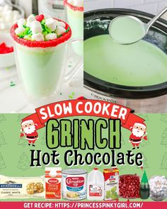 an advertisement for a frozen drink called grinch hot chocolate with candy and marshmallows