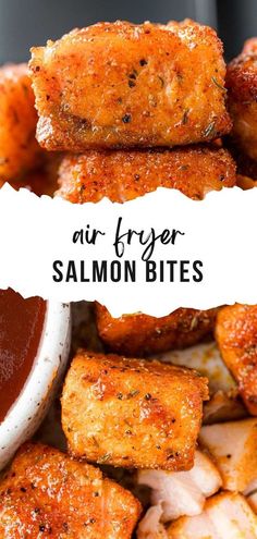 air fryer salmon bites on a plate with ketchup and dipping sauces