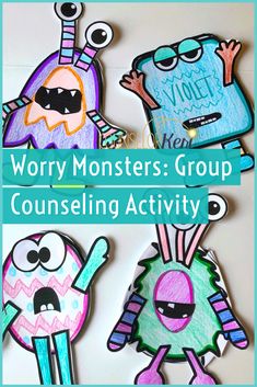 some very cute looking monsters with the words worry monsters group counseling activity written on them