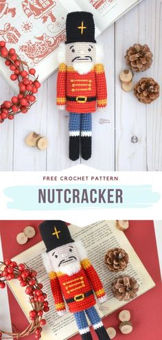 a crocheted nutcracker is sitting next to pine cones