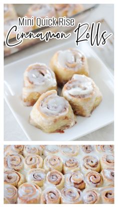 cinnamon rolls on a white plate with the words mini quick rise cinnamon rolls above them