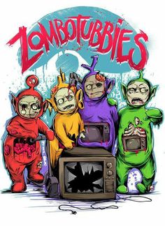 some cartoon characters are standing in front of a tv with the words zombies on it