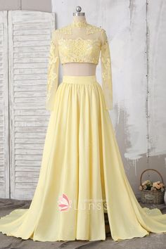 Nifty and cute, this two-piece daffodil yellow prom dress features illusion high neck lace short bodice and glossy taffeta long skirt with high slit. It is a good choice for prom and evening event. Luxury Skirts, Long Sleeve Prom Dress, Sleeve Prom Dress, Dress Sites, Daffodil Yellow, 2 Piece Prom Dress, Yellow Dresses