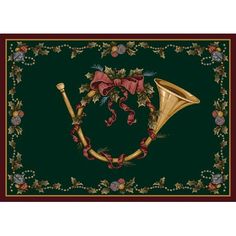 a christmas rug with a trumpet, holly wreath and bow on it's border