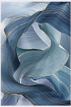 an abstract blue and white painting with gold lines