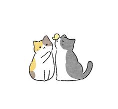 two cats sitting next to each other on top of a white surface with one cat looking at the other