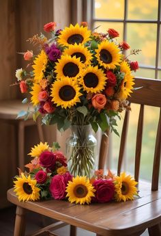 a vase filled with lots of sunflowers on top of a wooden chair next to a window