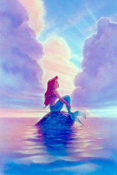 a painting of a mermaid sitting on top of a rock in the middle of the ocean