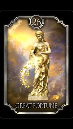 the great fortune card with an image of a woman holding flowers in her hand and clouds behind it