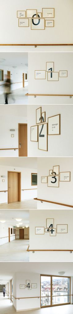 multiple images of the inside of a building with doors and numbers on each door frame