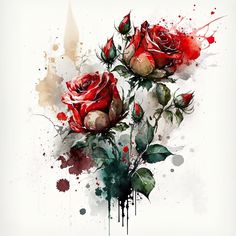 three red roses with watercolor splashes on them