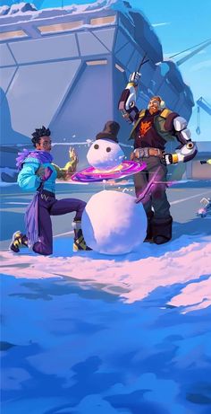 two people standing in front of a snowman