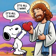 a cartoon image of jesus giving a heart to a snoopy dog on the ground