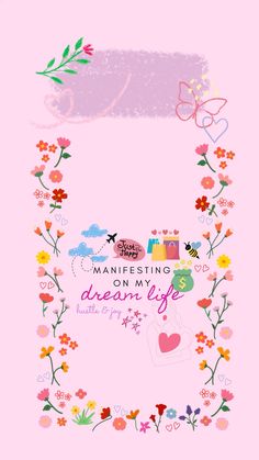 a pink poster with flowers and hearts on it