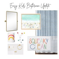 Blue and white stripe shower curtain, abstract beach art, rainbow bath cup, rainbow towel hook, brass swivel mirror, "squeaky clean" bath mat, brass bathroom hardware Amazon Kids Bathroom, Light Blue Kids Bathroom, Kids Bathroom Inspiration, Guest Kids Bathroom Ideas, Boy Girl Bathroom Ideas, Kids Beach Bathroom