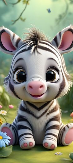 the cute zebra is sitting on the ground in front of some flowers and grass with butterflies