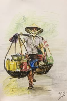 a drawing of a man carrying items on his back and wearing a sombrero