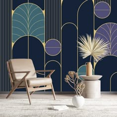 a chair and vase in front of a wallpapered room with art deco design